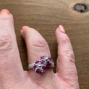 Genuine Pink Sapphire flowers & Diamonds 14K Ring